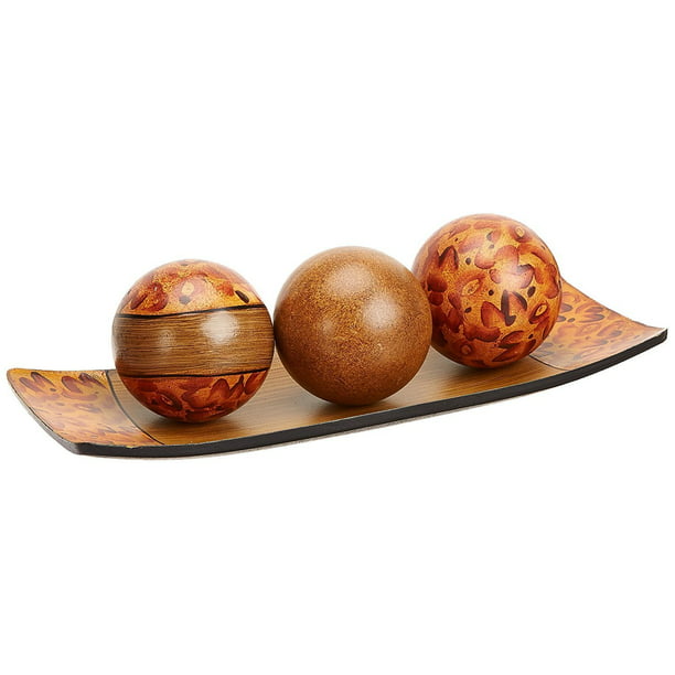 3 Brown Wooden Meditation Reiki Balls 4 piece Home Decorative Orb & Tray Set